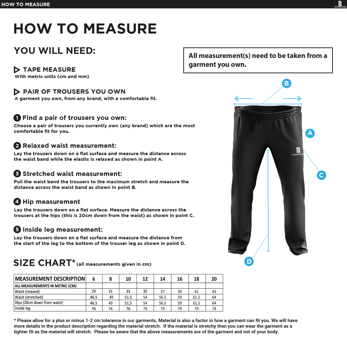 Ability Matters - Women's Poplin Track Pant - Size Guide