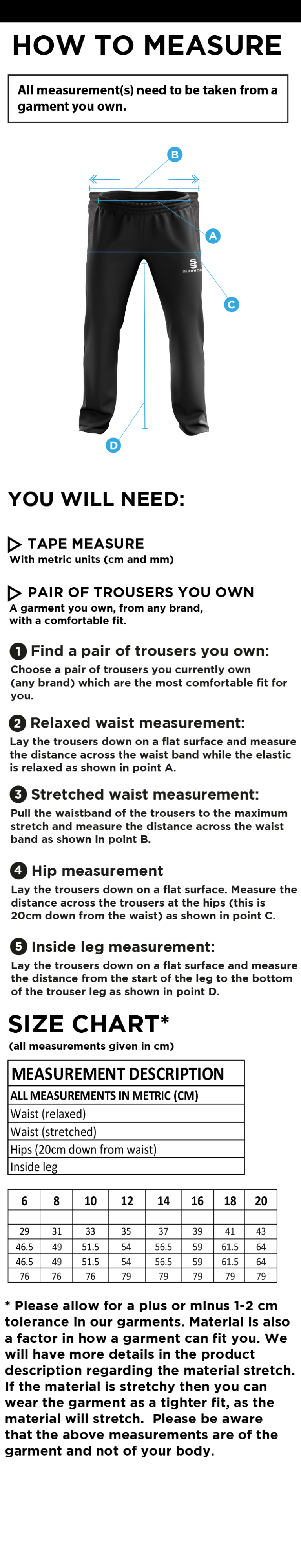 Ability Matters - Women's Poplin Track Pant - Size Guide